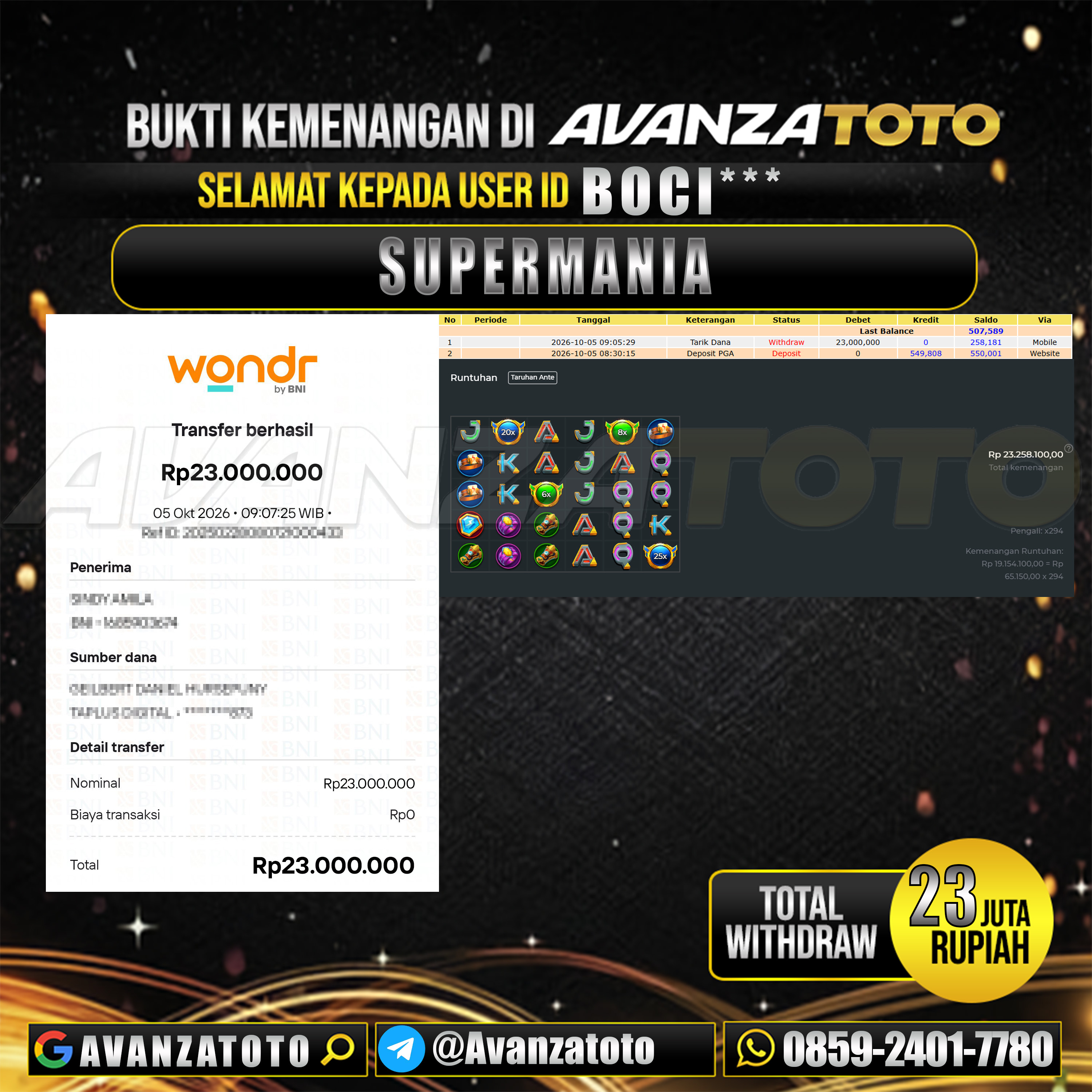 AVANZATOTO JACKPOT SLOT SUPERMANIA Rp.23.000.000,-LUNAS USER ID : BOCI***