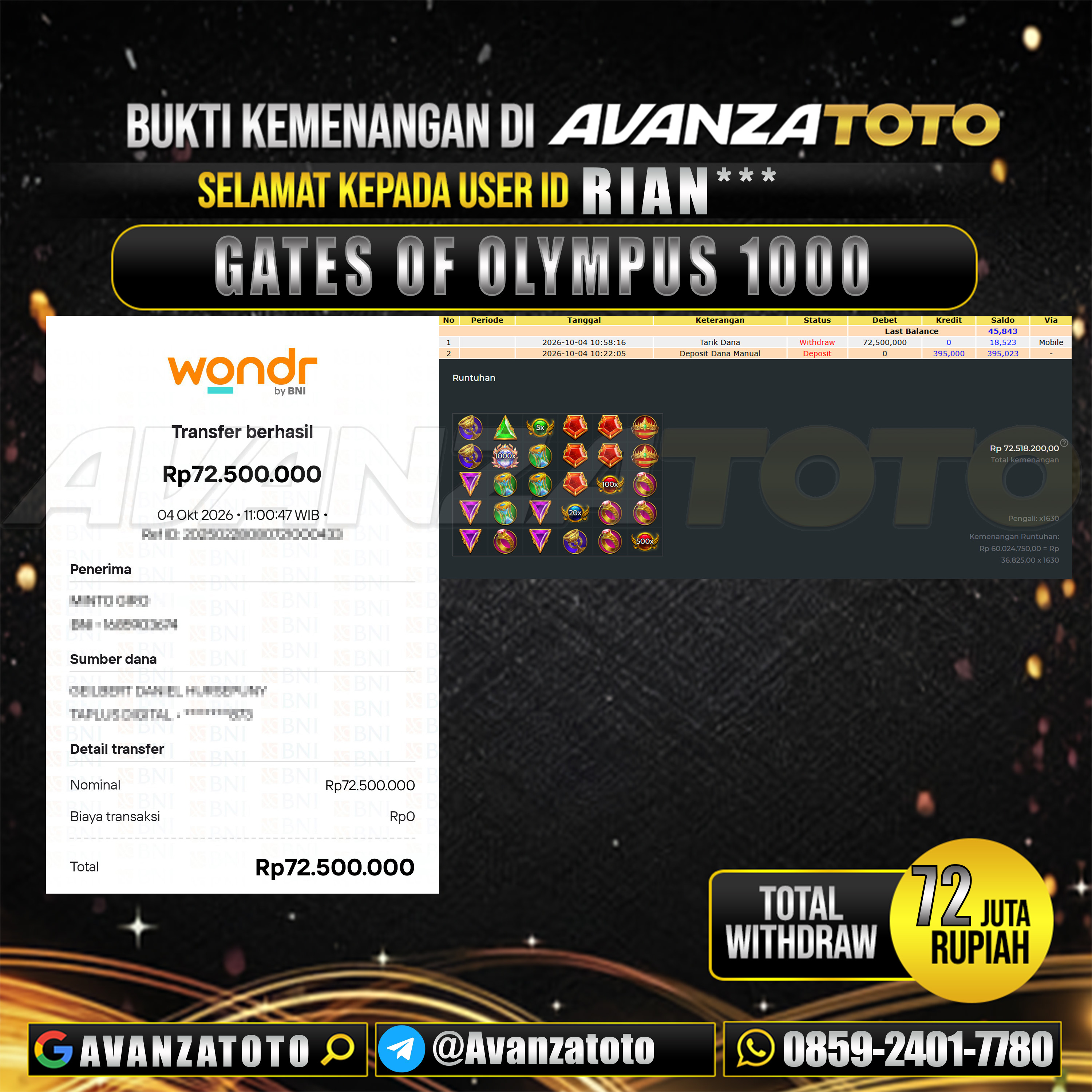 AVANZATOTO JACKPOT SLOT GATES OF OLYMPUS 1000 Rp.72.000.000,-LUNAS USER ID : RIAN***