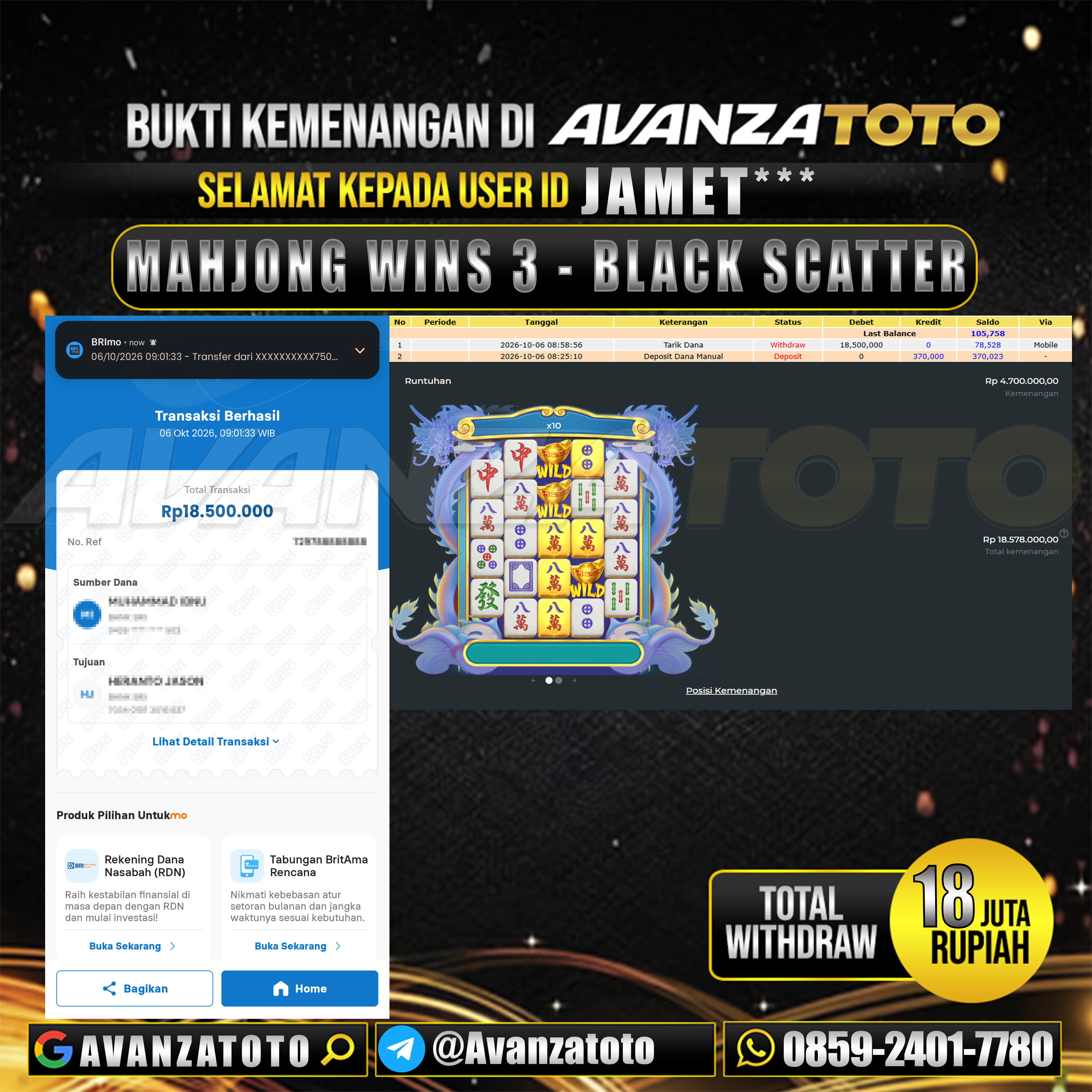 AVANZATOTO JACKPOT SLOT MAHJONG WINS 3 - BLACK SCATTER Rp.18.000.000,-LUNAS USER ID : JAMET***