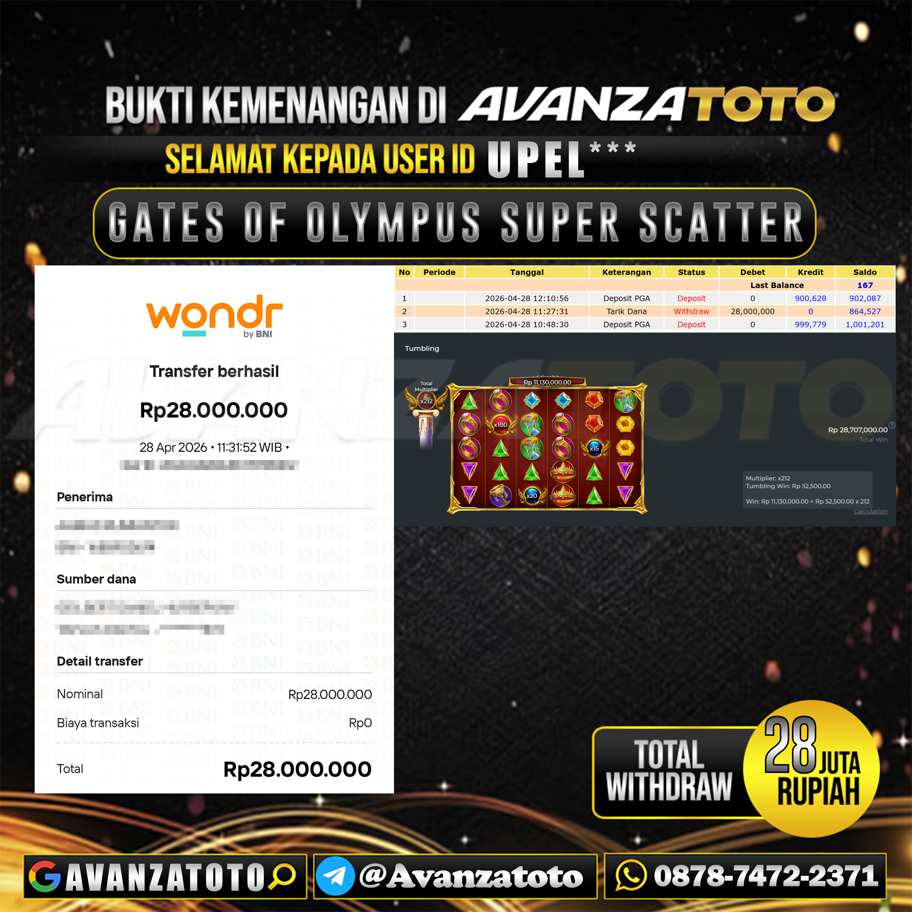 AVANZATOTO JACKPOT SLOT GATES OF OLYMPUS SUPER SCATTER Rp.28.000.000,-LUNAS USER ID : UPEL*** 