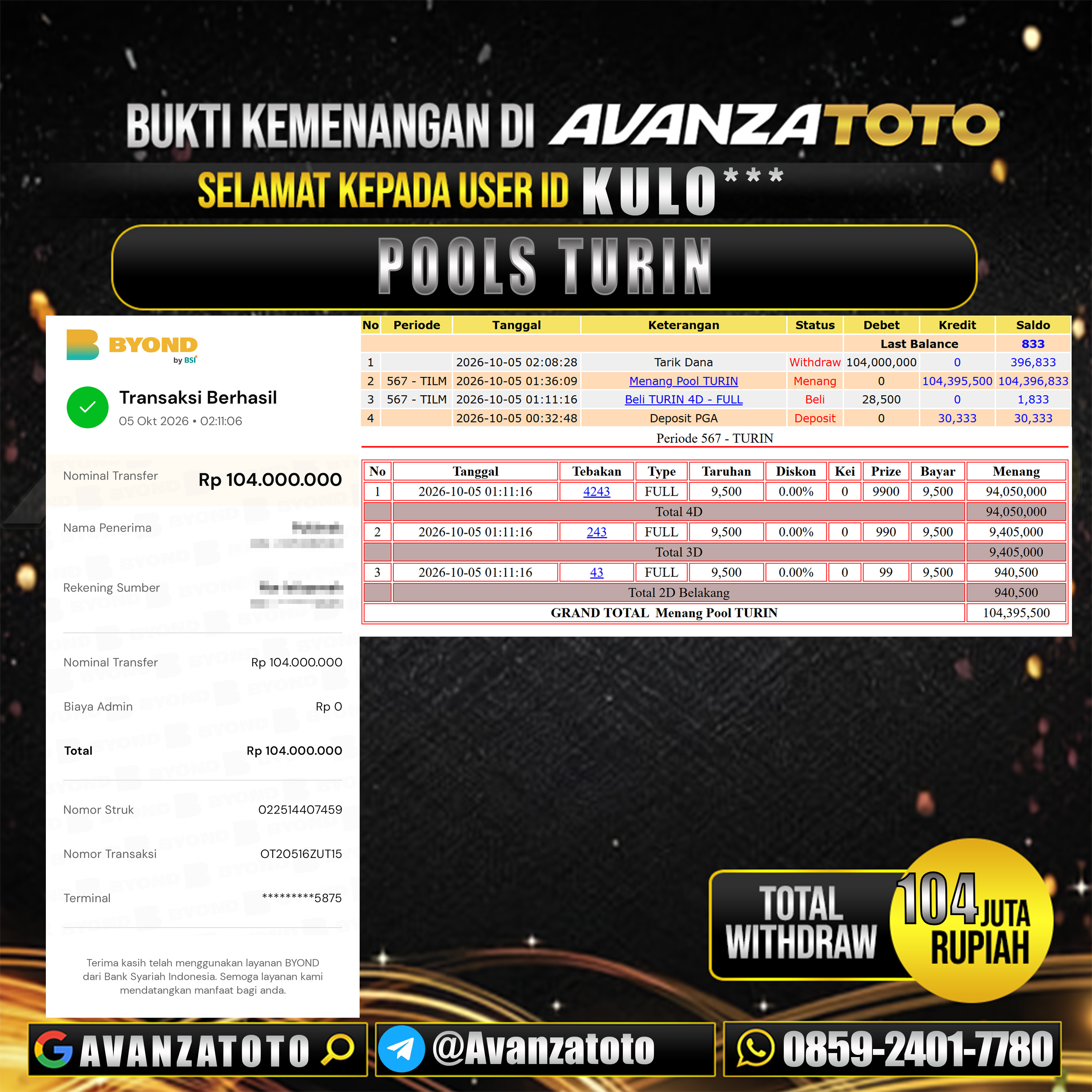 AVANZATOTO JACKPOT TOGEL PASARAN TURIN Rp.104.000.000,-LUNAS USER ID : KULO***