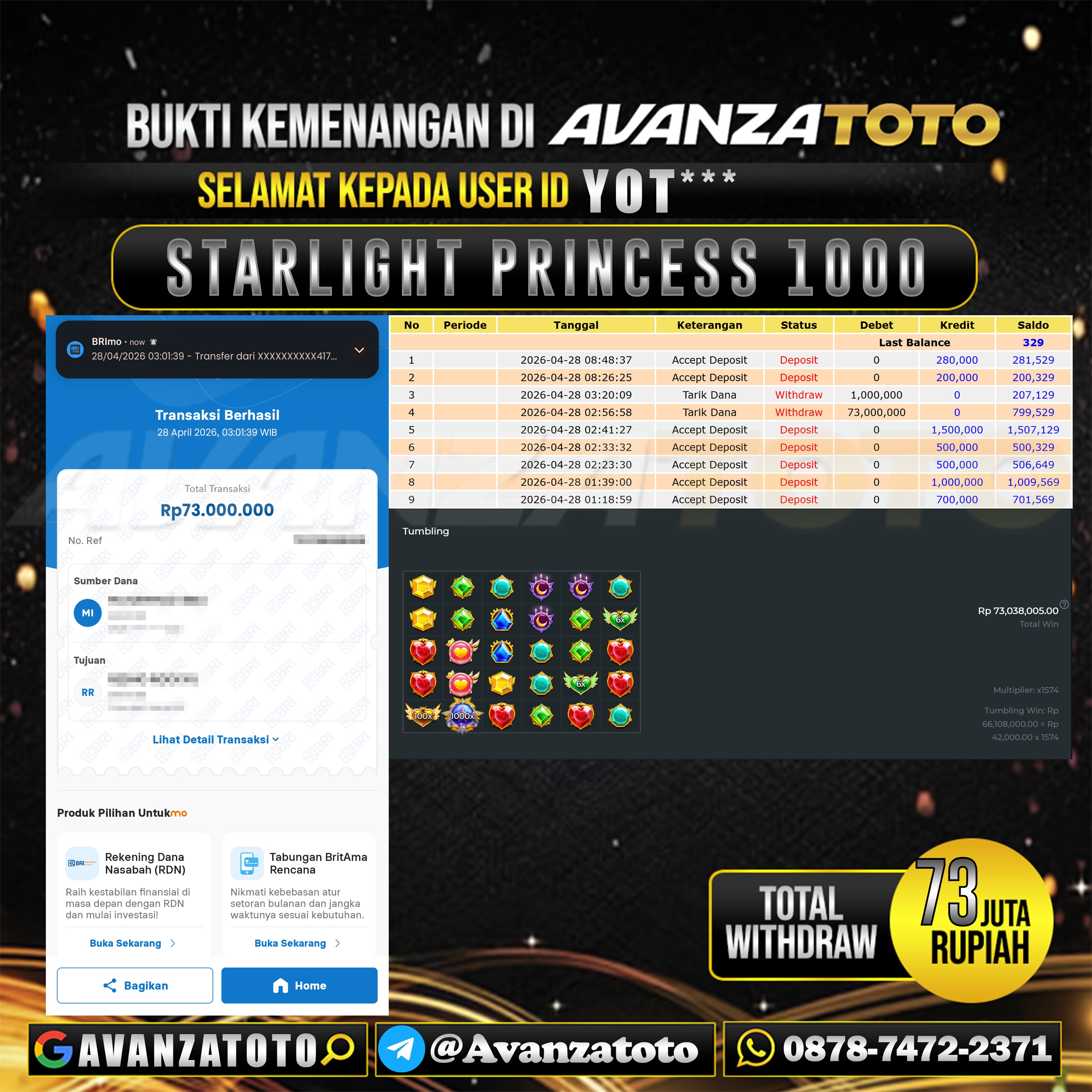 AVANZATOTO JACKPOT SLOT STARLIGHT PRINCESS 1000 Rp.73.000.000,-LUNAS USER ID : YOT*** 