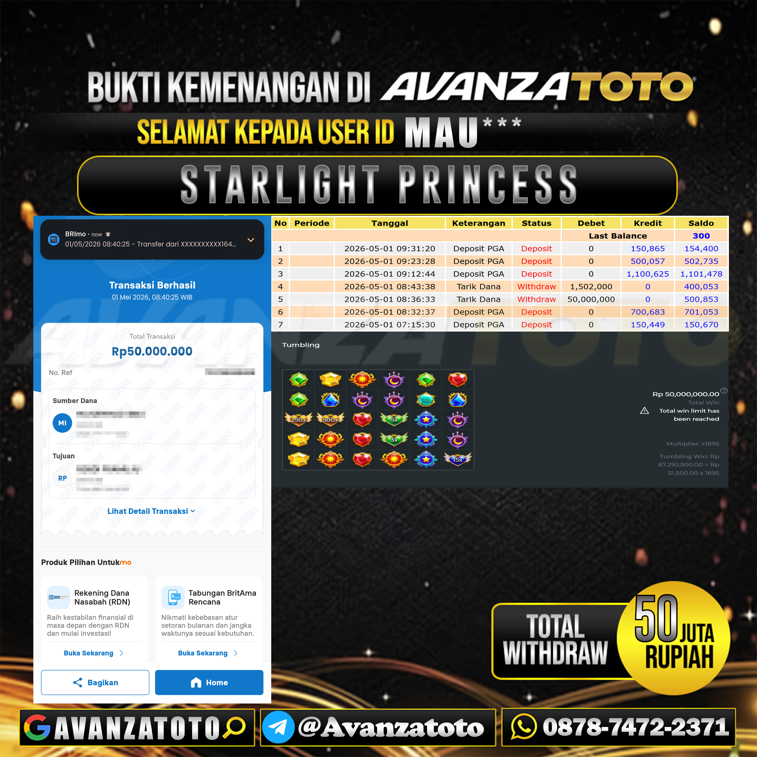 AVANZATOTO JACKPOT SLOT STARLIGHT PRINCESS Rp.50.000.000,-LUNAS USER ID : MAU*** 