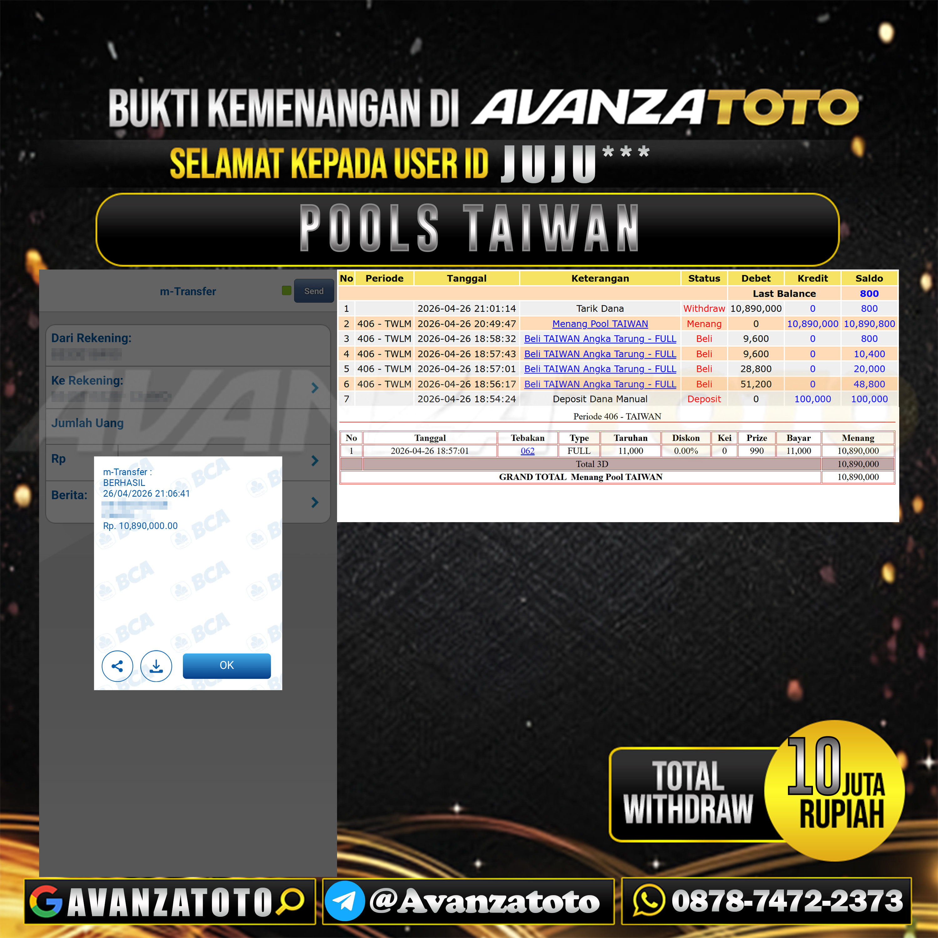 AVANZATOTO JACKPOT TOGEL PASARAN TAIWAN Rp.10.000.000,-LUNAS USER ID : JUJU*** 