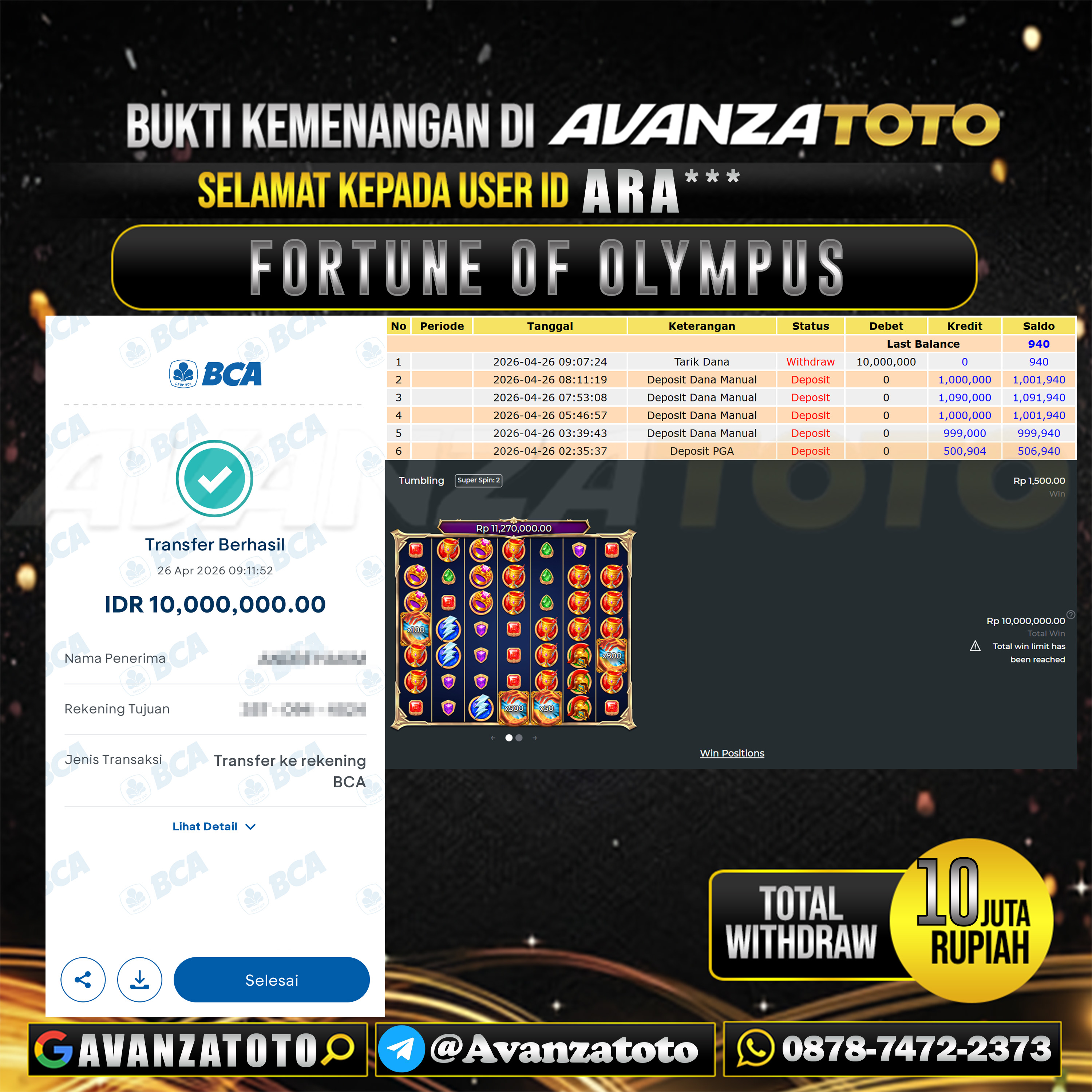 AVANZATOTO JACKPOT SLOT FORTUNE OF OLYMPUS Rp.10.000.000,-LUNAS USER ID : ARA*** 