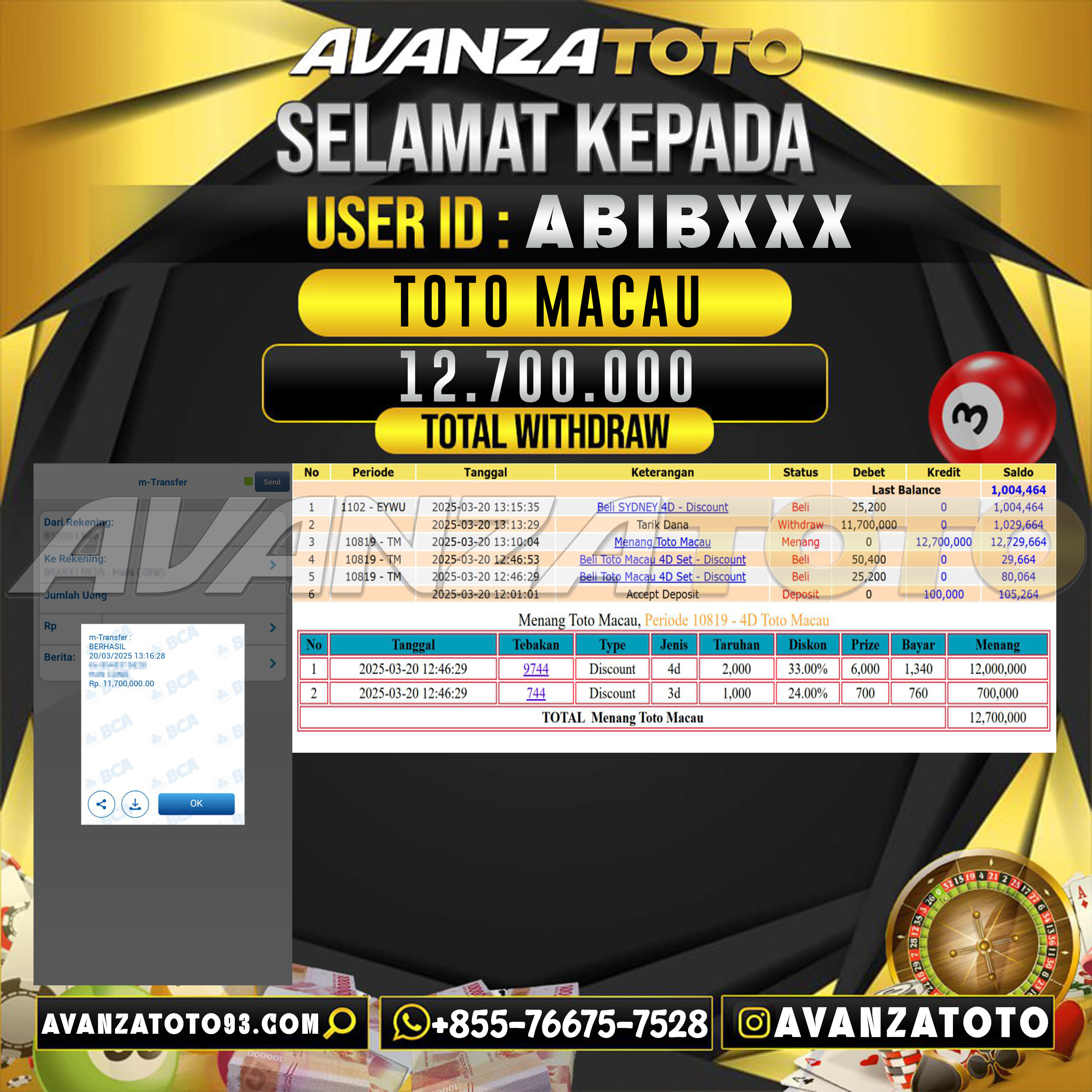 AVANZATOTO JACKPOT  TOGEL PASARAN TOTO MACAU Rp. 12.700.000 ,-LUNAS USER ID: ABIB***