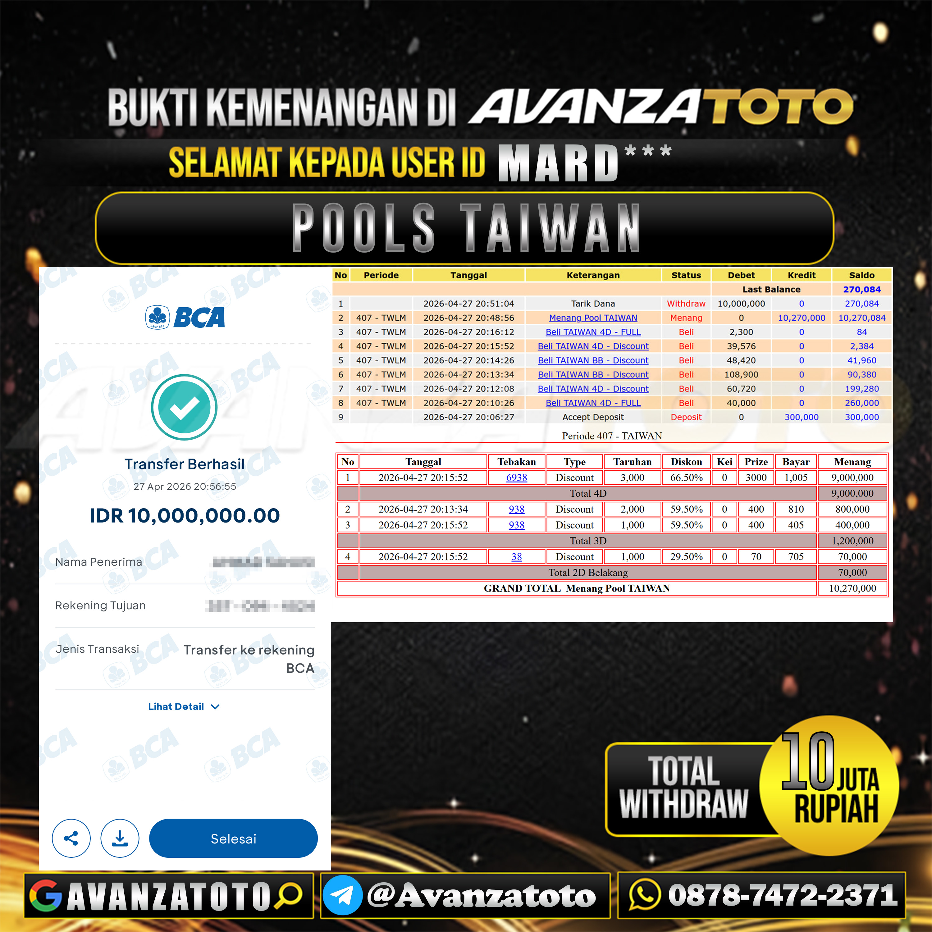 AVANZATOTO JACKPOT TOGEL PASARAN TAIWAN Rp.10.000.000,-LUNAS USER ID : MARD*** 
