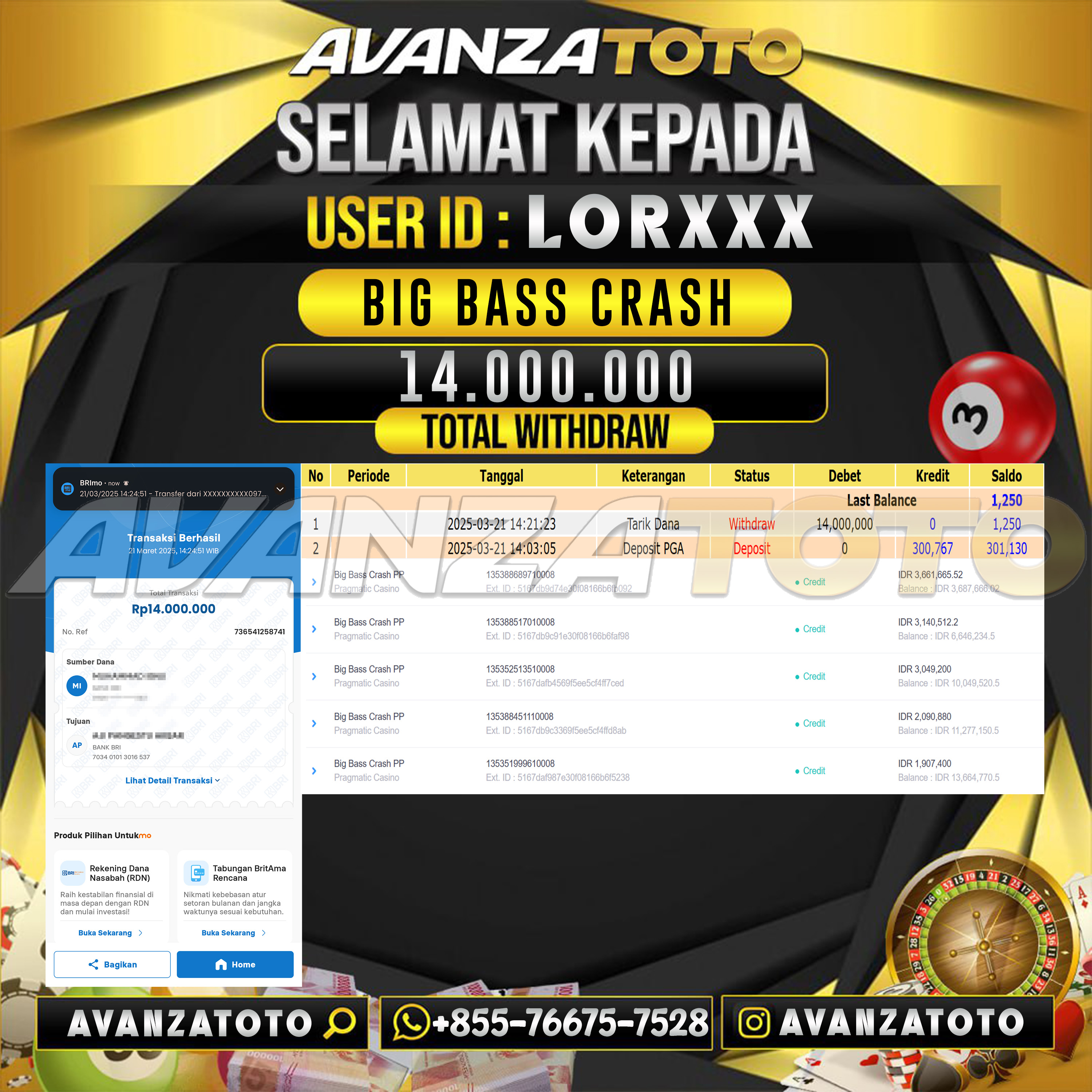 AVANZATOTO JACKPOT  LIVE GAMES BIG BASS CRASH  Rp. 14.000.000 ,-LUNAS USER ID: LOR****