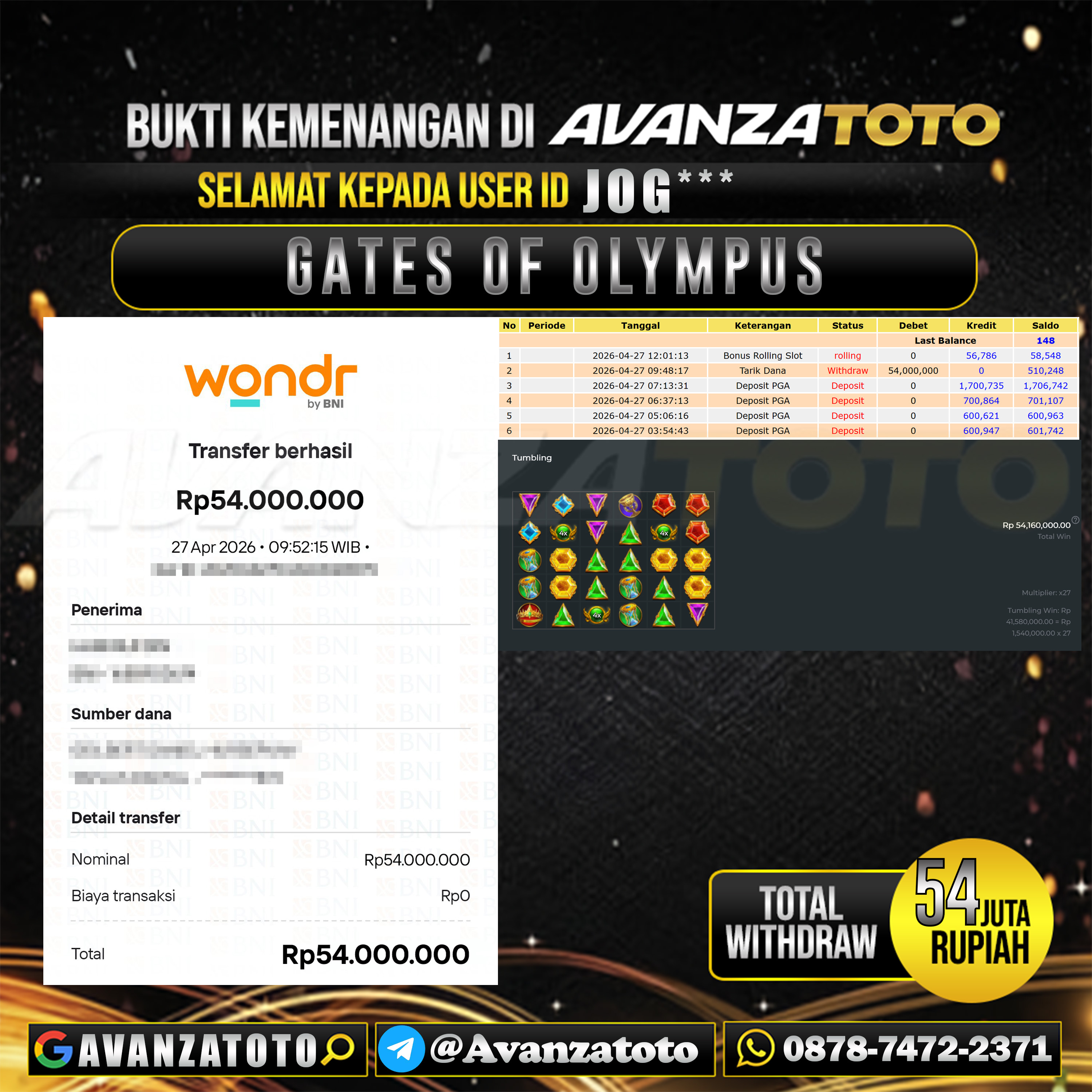 AVANZATOTO JACKPOT SLOT GATES OF OLYMPUS Rp.54.000.000,-LUNAS USER ID : JOG*** 