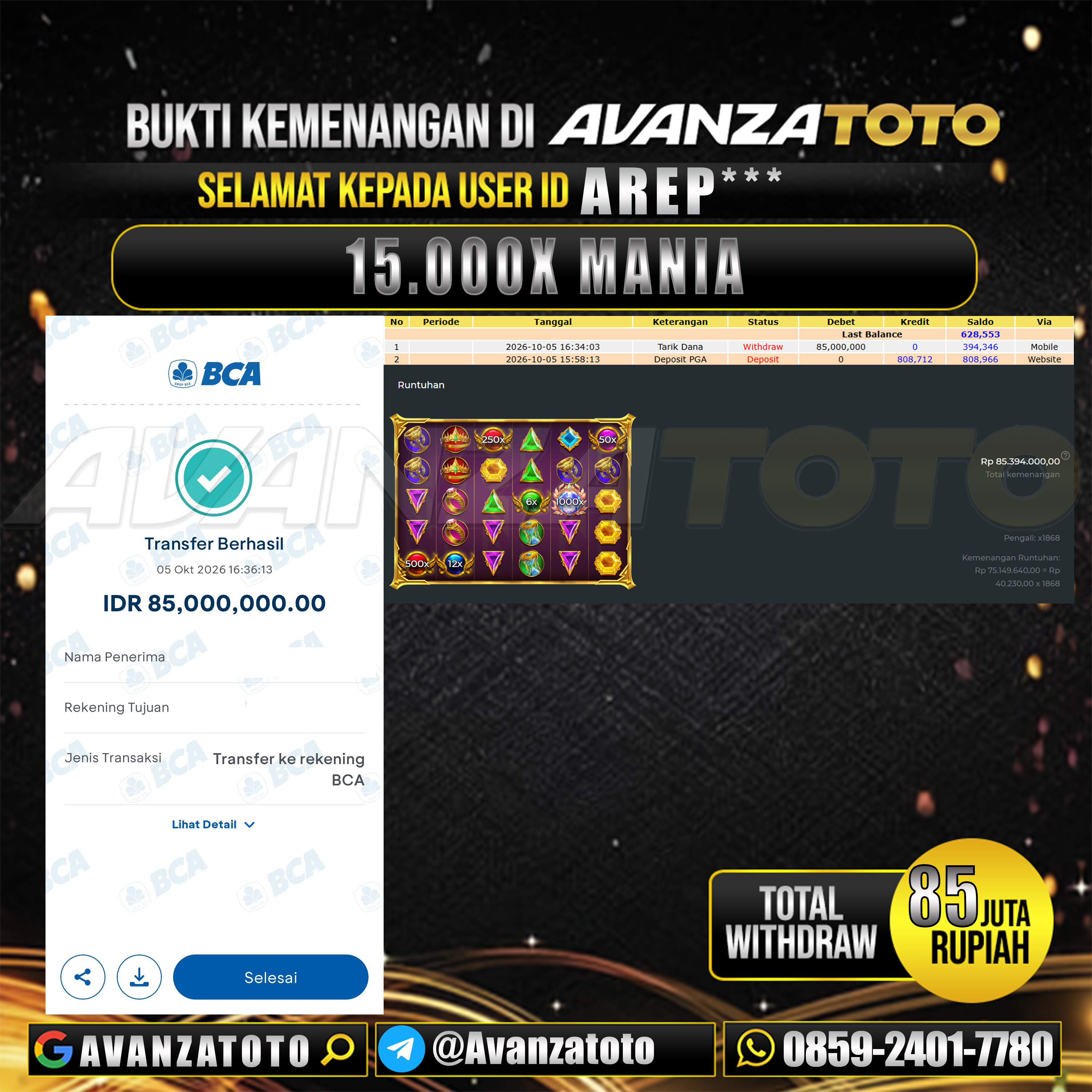 AVANZATOTO JACKPOT SLOT 15.000X MANIA Rp.85.000.000,-LUNAS USER ID : AREP***