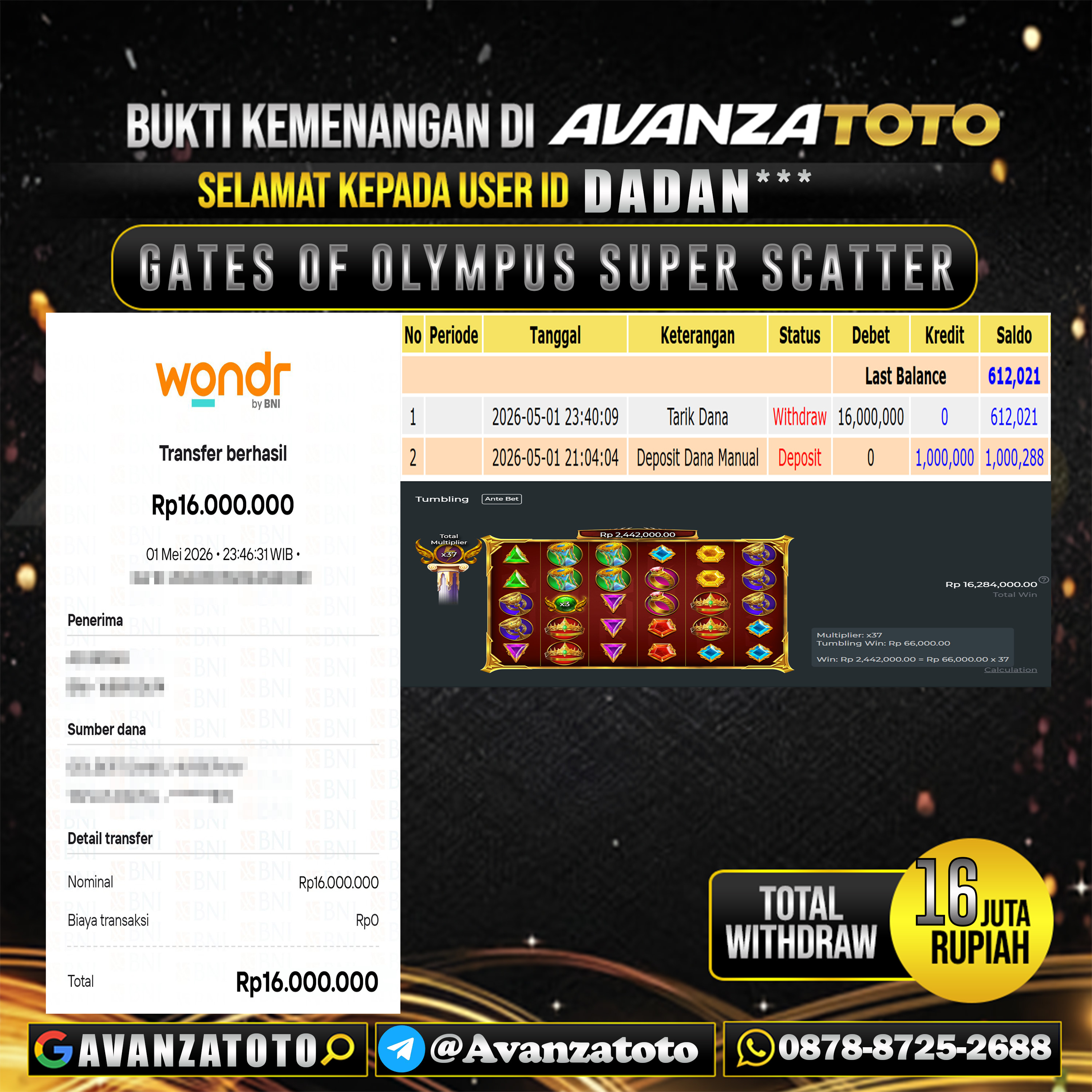 AVANZATOTO JACKPOT SLOT GATES OF OLYMPUS SUPER SCATTER Rp.16.000.000,-LUNAS USER ID : DADAN*** 