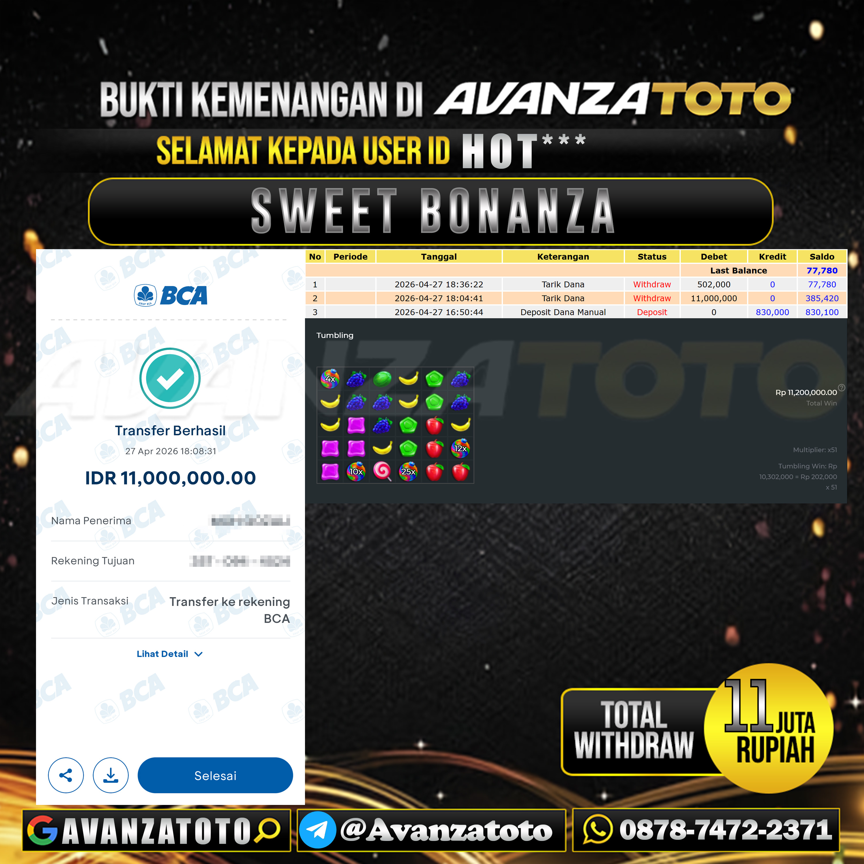 AVANZATOTO JACKPOT SLOT SWEET BONANZA Rp.11.000.000,-LUNAS USER ID : HOT*** 