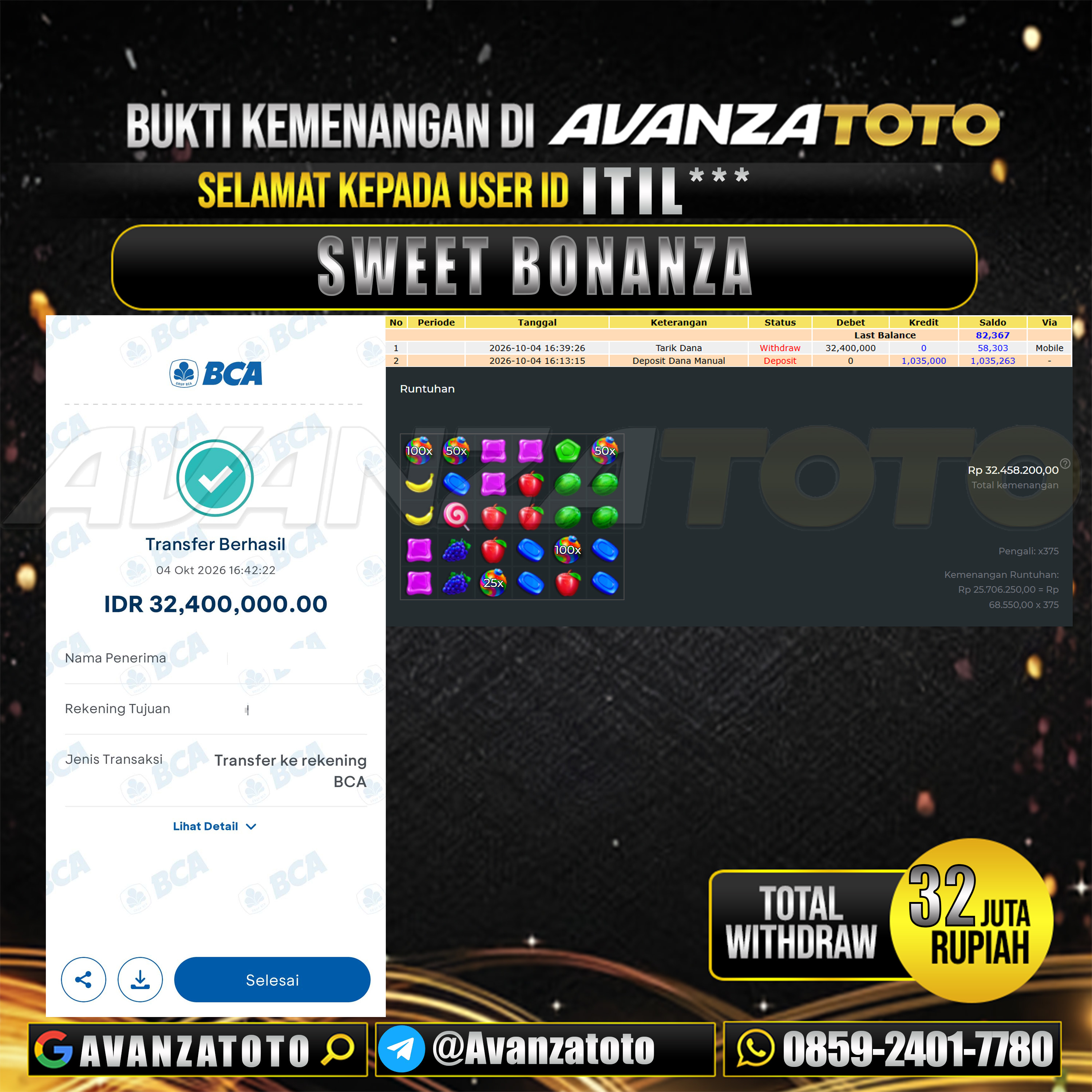 AVANZATOTO JACKPOT SLOT SWEET BONANZA Rp.32.000.000,-LUNAS USER ID : ITIL***