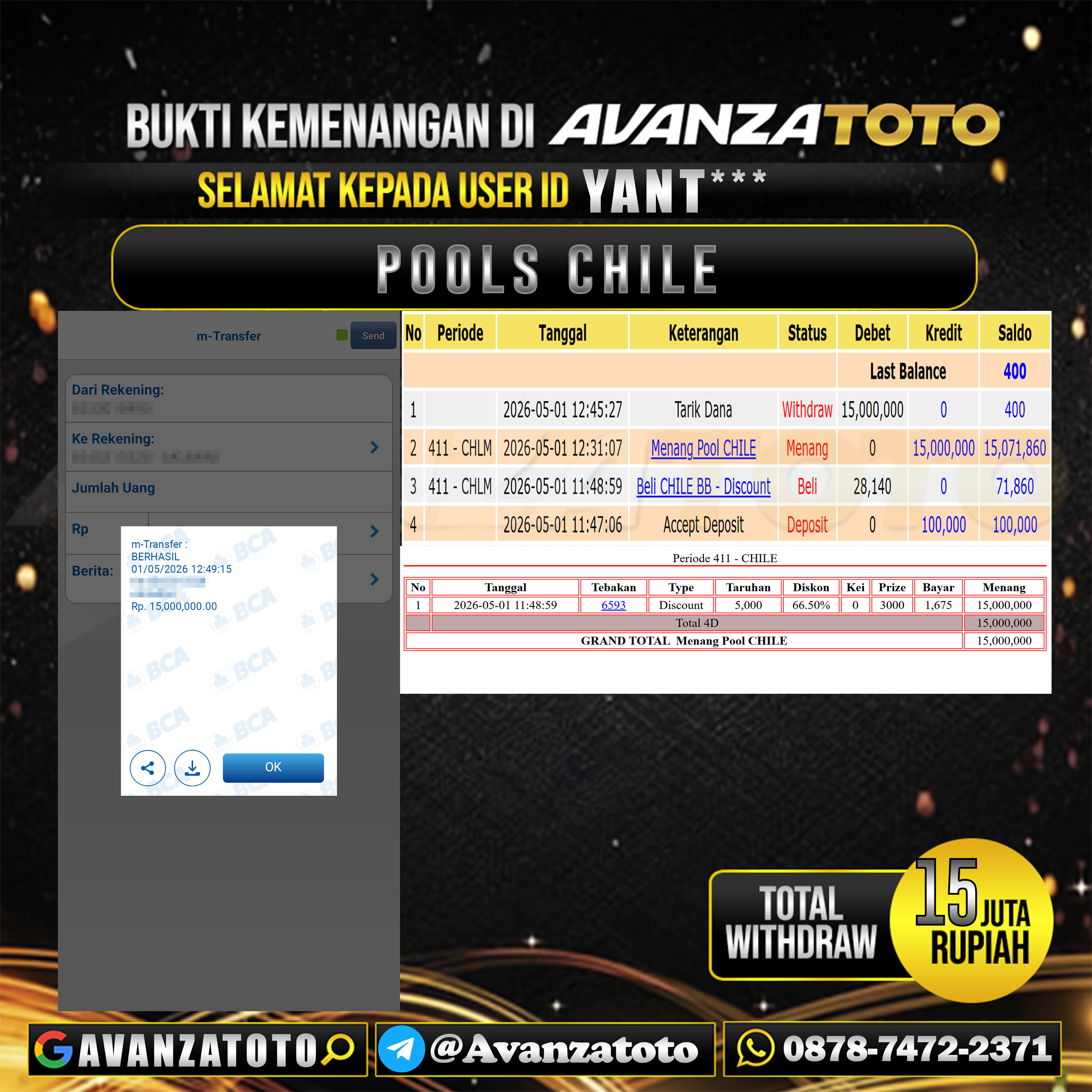 AVANZATOTO JACKPOT TOGEL PASARAN CHILE Rp.15.000.000,-LUNAS USER ID : YANT*** 
